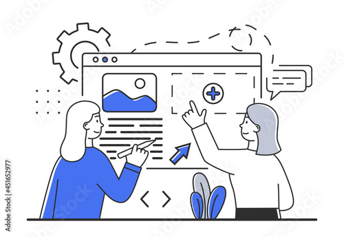 Website design concept. Female programmer develop design of page or application. Effective teamwork on project. Characters work in program. Flat doodle vector illustration isolated on white background