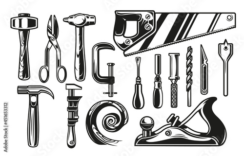 Big bundle vector illustrations for carpenter tools theme on white background