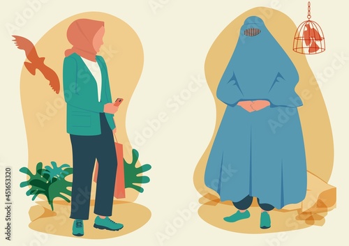 Set of two different Islamic women. A variety of oriental outfits. A girl in a hijab is modernly dressed, holding a phone and bag. The person in the burka is fully covered. Natural background. EPS10