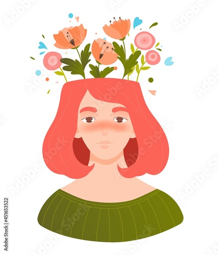 Mental health, psychology. Human head with flowers inside. Positive thinking, looking for good sides, taking care of yourself. Working on your thoughts and brains. Flat cartoon vector illustration