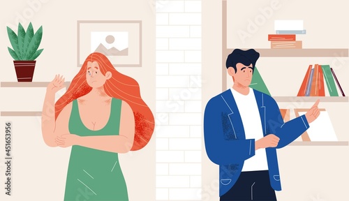 Man and woman in quarrel. Girl cries because her boyfriend offended her. People not talk to each other. Husband and wife at odds. Relationship conflict. Flat vector illustration on white background