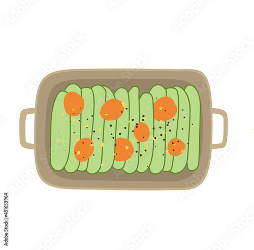 Baked sliced zucchini. Ratatouille on plate top view. French cuisine dish. Design element for menu cafe, bistro, restaurant, bakery. Flat Vector hand drawn illustration isolated on white background.