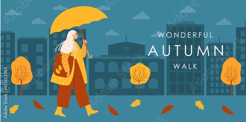 A girl with long white hair in a yellow raincoat and with an umbrella, walks through the city in autumn, fallen leaves are scattered on the ground, a silhouette of the city against the background