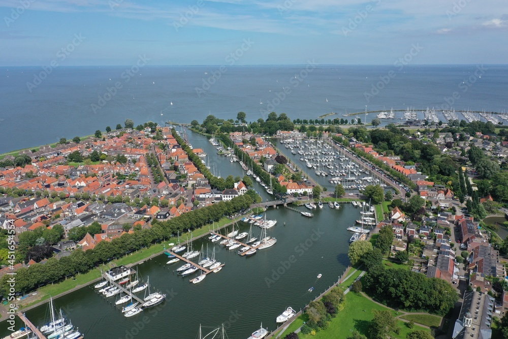 Drone overview photo of Medemblik, the Netherlands. This is a small town on the Ijsselmeer with many opportunities for water sports enthusiasts. There are also many old historic buildings

