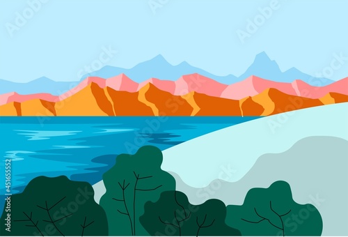 Fototapeta Naklejka Na Ścianę i Meble -  Landscape with mountains and lake or pond vector