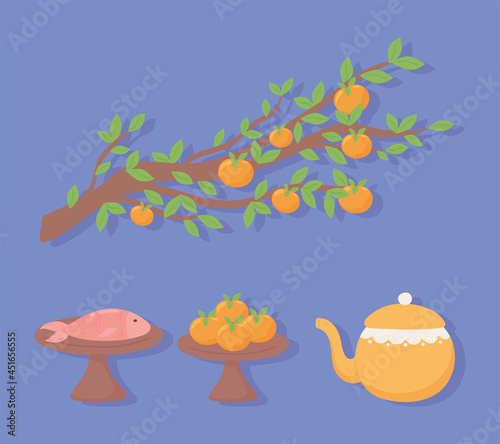 oranges tree teapot and fish