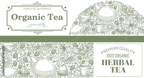 Organic tea beverage with herbs, labels sketch