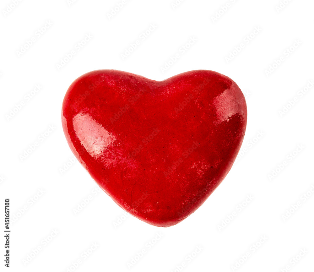 Red clay valentine heart isolated on white background. Love, togetherness and Valentine day design element for holiday, greeting card, postcard and banner. Сonvex item. Macro.