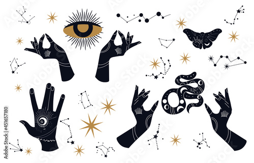 Boho doodle mystic. Hands draw esoteric figures. Managing energy of universe. Connection with on and world power. Set of black and white pictures. Flat vector illustraton isolated on white background