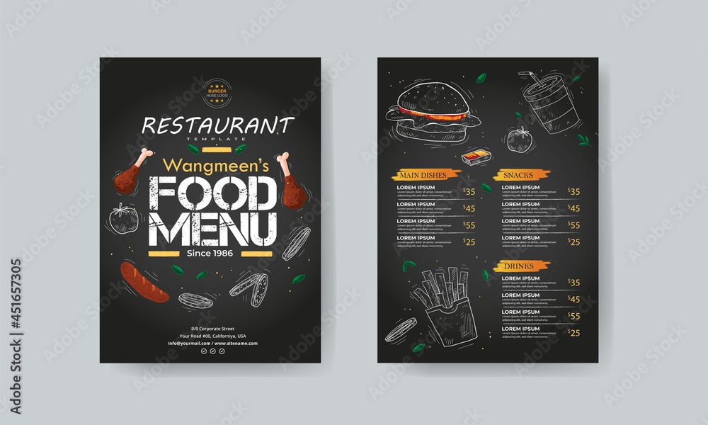 Restaurant menu design. Vector menu flyer template for cafe, coffee house,  restaurant, bar. Food and drinks design. chalkboard background vector  illustration design. Stock Vector | Adobe Stock