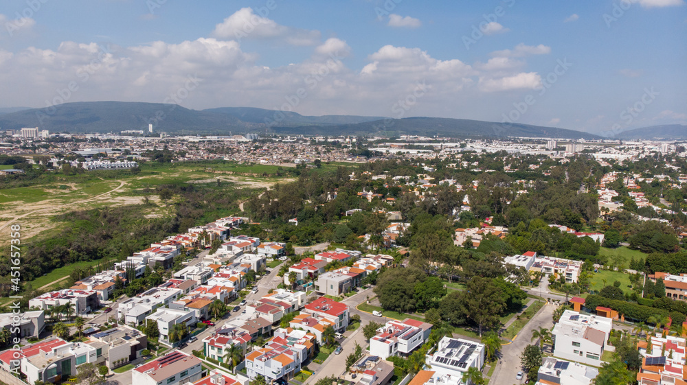 Zapopan, Jalisco, Mexico. August 1st, 2021. Drone aerial view of the luxurious Zona Real zone in the amazing city of Guadalajara.