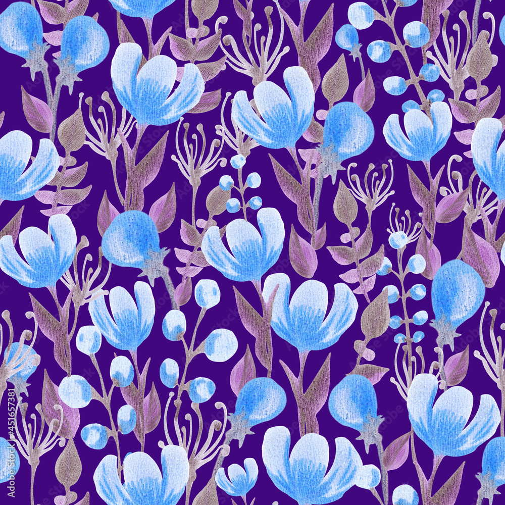 A delicate seamless set of flowers, leaves and twigs on a purple background. Botanical watercolor illustration drawn by hand.Design of packaging, wall wallpaper, cover, fabrics, textile pattern.