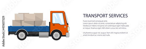 Orange small cargo truck with boxes , delivery services and logistics banner, shipping and freight of goods, vector illustration © serz72