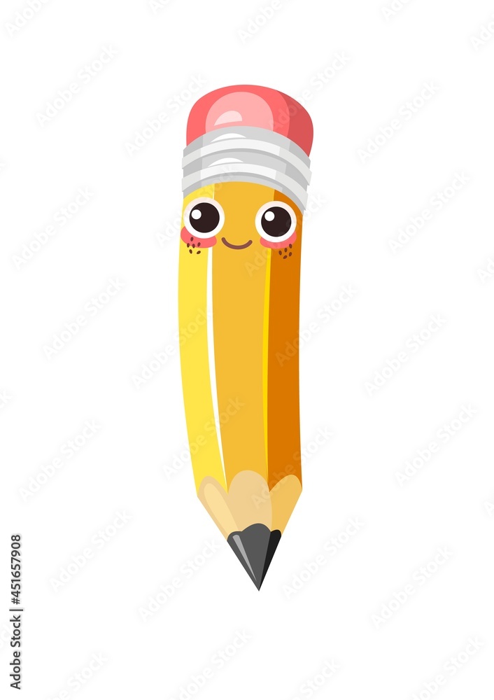 Yellow pencil with eraser. Cheerful cute cartoon character. The object is isolated on a white background. Good mood. Character with a smile. Stationery for drawing and creativity. Vector Yellow pencil with eraser. Cheerful cute cartoon character. The object is isolated on a white background. Good mood. Character with a smile. Stationery for drawing and creativity. Vector
