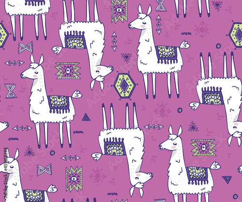 Llama & Geo Doodle Trend Seamless Vector Pattern in fun tween colors. Repeating patterns are great for webpage backgrounds, packaging, or surface designs.