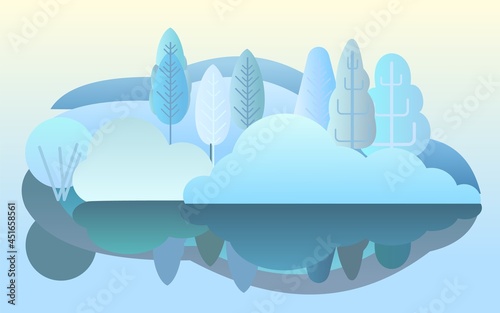 Winter forest landscape. Flat style symbolic illustration. Scenery with trees, shrubs and snowdrifts. Rural wildlife. Countryside view with frost. Beautiful art picture. Vector
