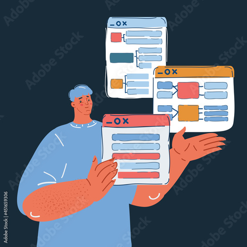 Vector illustration of App prototyping. User friendly interface development. Usability testing. Developer makes project.