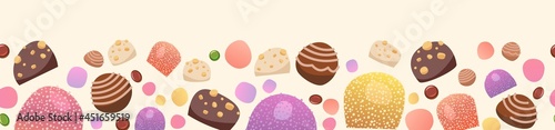 Sweets with hazelnuts. Nuts. Assorted dessert chocolate and marmalade. Candy caramel, jelly. Bottom seamless border. Flat Background illustration. Vector
