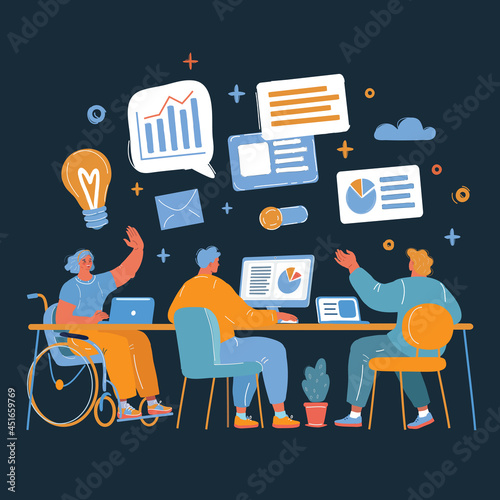 Vector illustration of people in the office. Team included disabled person in while chair over dark backround.