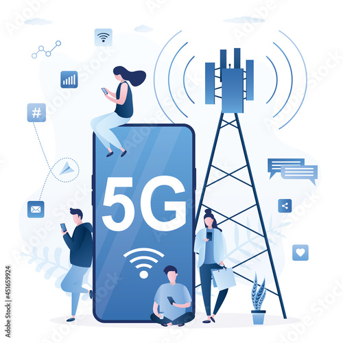 Big mobile phone, Various people surfing in web, 5G internet connection. Young adults with smartphones using wireless internet. Network technology,