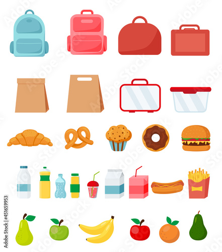 School lunch food boxes meal and snack. Vector illustration in flat style