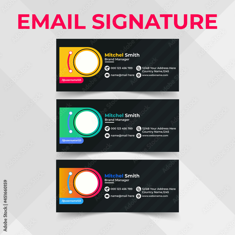 Professional geometric business and corporate email signature with an author photo place. Modern and minimalist layout white background and green shape design Professional geometric business and corporate email signature with an author photo place. Modern and minimalist layout white background and green shape design