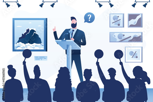 Auction, concept banner. Male auctioneer sells works of art. Silhouettes of various buyers. Trader uses auction hammer. Sale of different rare masterpiece.