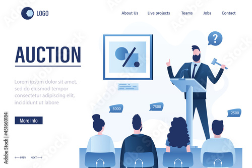 Auction, landing page template. Male auctioneer sells works of art. Group of various art buyers back view. Trader holding auction hammer.