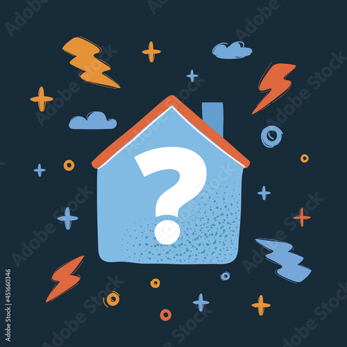 Vector illustration of house with question marks over dark backround.