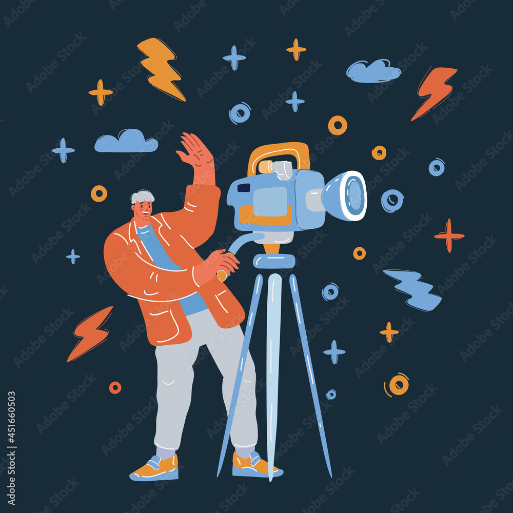 Naklejka premium Vector illustration of man use videocamera over dark backround.