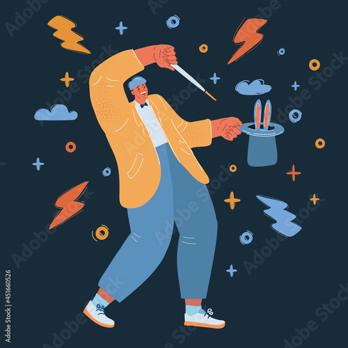 Vector illustration of magician holding a magic wand and demonstrates tricks with a hat over dark backround.