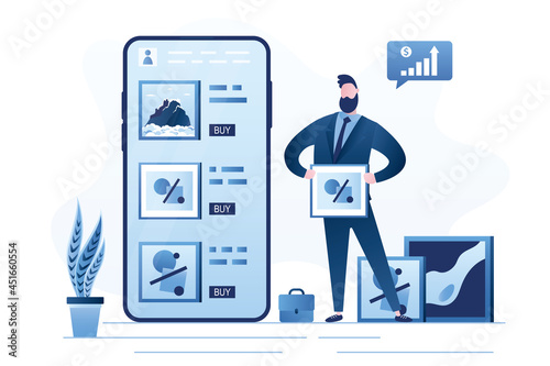 Talented male artist draws pictures and sells them online. Creative man add various artworks to mobile application. Internet marketplace for art objects trading.