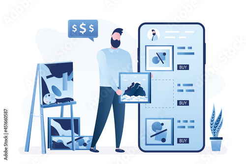Talented male artist draws pictures and sells them online. Creative craftsman add various artwork to mobile app. Internet marketplace for art objects trading, auction.