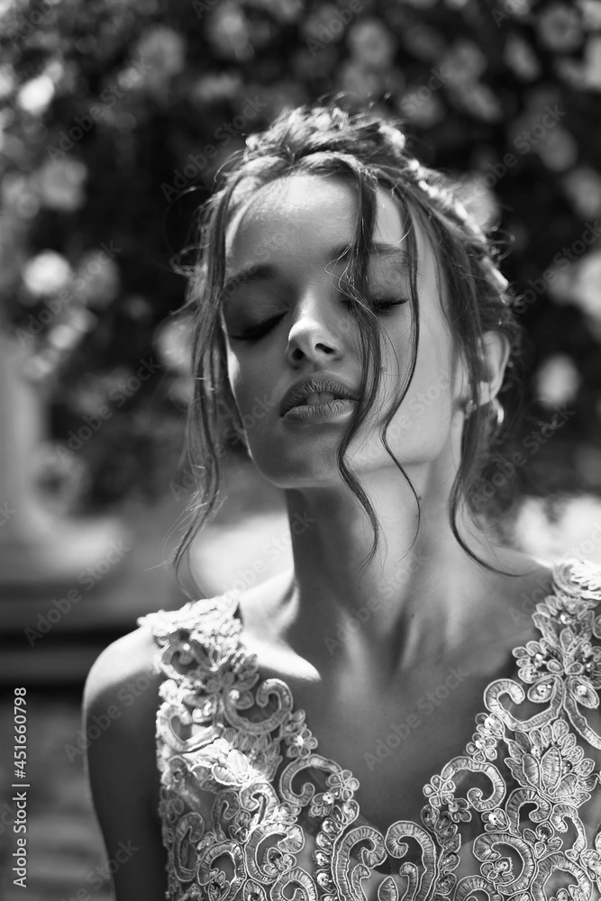 Closeup portrait of beauiful European girls bridesmaid in pink dress