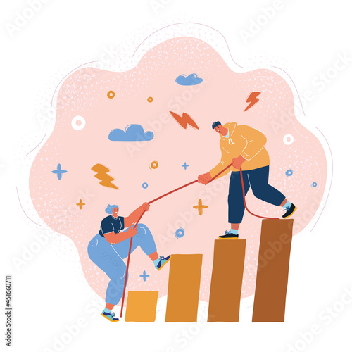 Vector illustration of man pulling up stairs woman helping to overcome a difficulty. Team work concept.