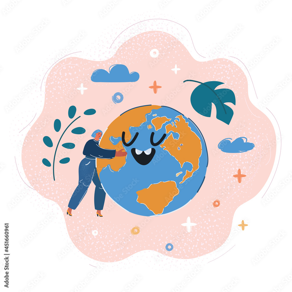 Fototapeta premium Vector illustration of Young Woman Embracing a smiling earth globe