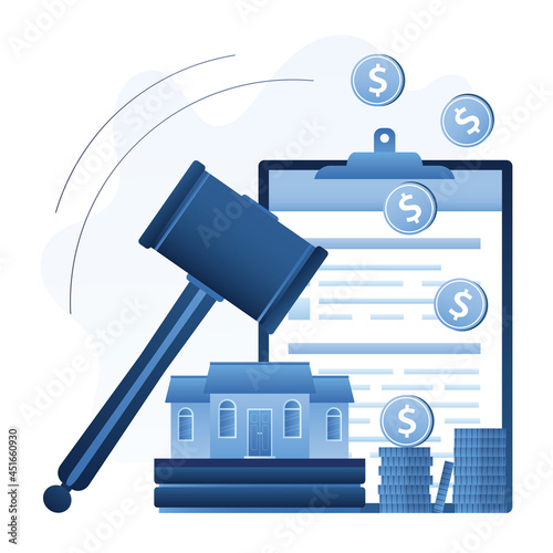 Property auction, concept. Big auction hammer, money and agreement document. House for sale, real estate banner. Design in trendy blue colors.