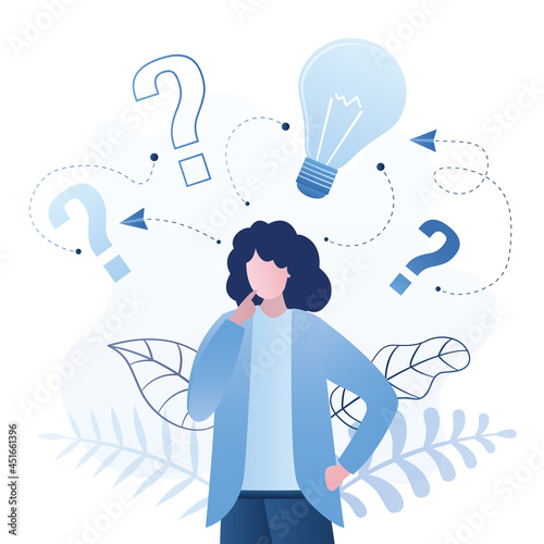 Businesswoman with various questions and idea bulb. Brainstorm concept banner. Female character solving business problems, looking for answers.