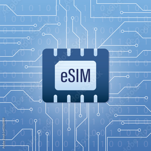ESIM, concept banner. Embedded sim card on blue gradient background. Microcircuit with sim card chip. Part of cellphone.