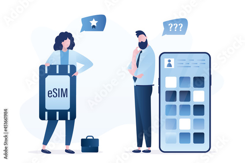 Woman manager offers to use eSIM. Male user thinking about new technology, modern smartphone near. Cell phone with apps on screen. Digital mobile technology.