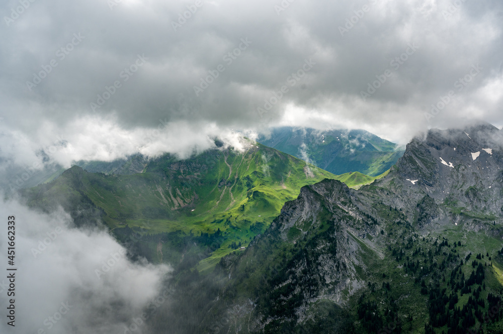 epic view through mist from Seehorn over Diemtigtal in the Bernese Alps