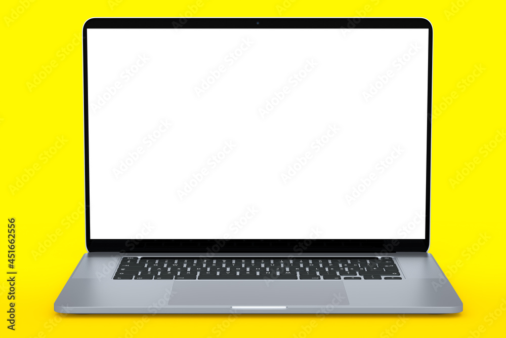 Realistic aluminum laptop with empty white screen isolated on yellow background. Realistic aluminum laptop with empty white screen isolated on yellow background.