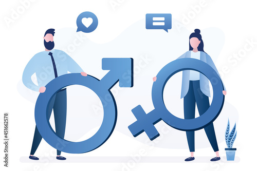Man and woman holds gender symbols. Gender equality concept banner. Love couple communication,  cooperation. Human rights, feminism, tolerance.