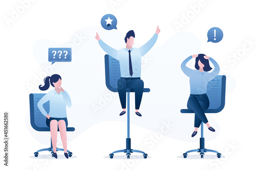 Gender gap, inequality in work. Colleagues with pay gap. Advantage for man over woman on career ladder. Businessman sitting on high office chair, Discrimination