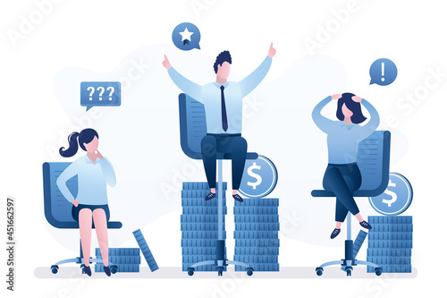 Gender gap, inequality in work. Colleagues with pay gap. Advantage for man over woman on career ladder. Businessman or boss sitting on high chair. Discrimination in corporation.