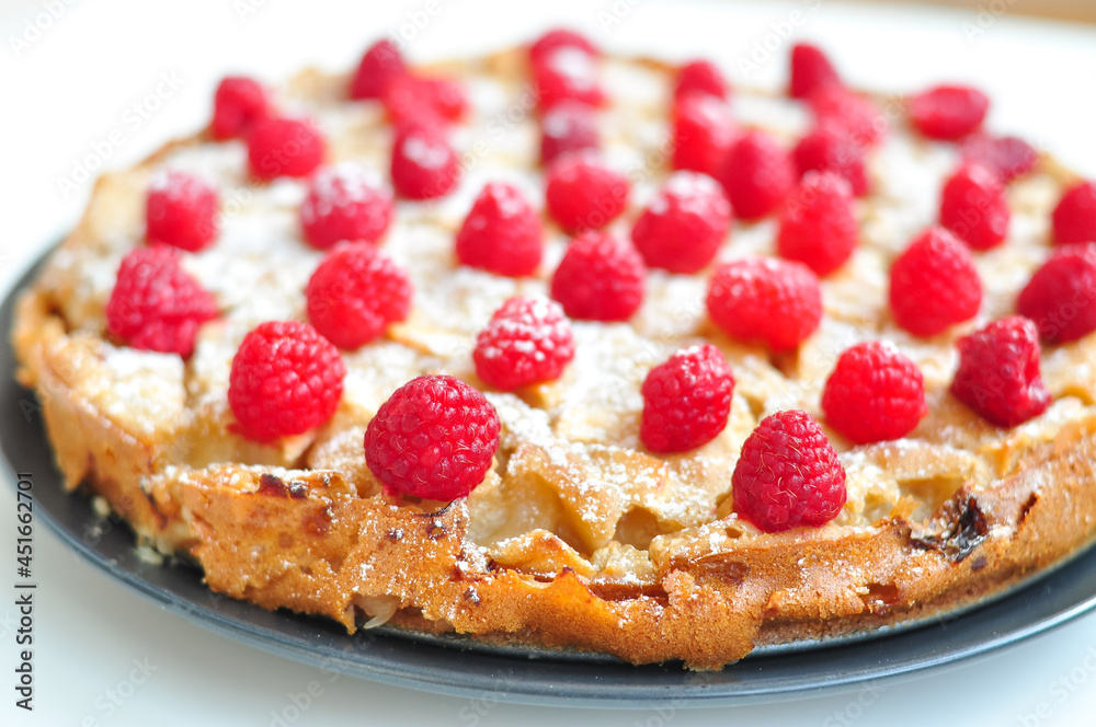 homemade raspberry-apple pie with powdered sugar. charlotte on white background homemade raspberry-apple pie with powdered sugar. charlotte on white background