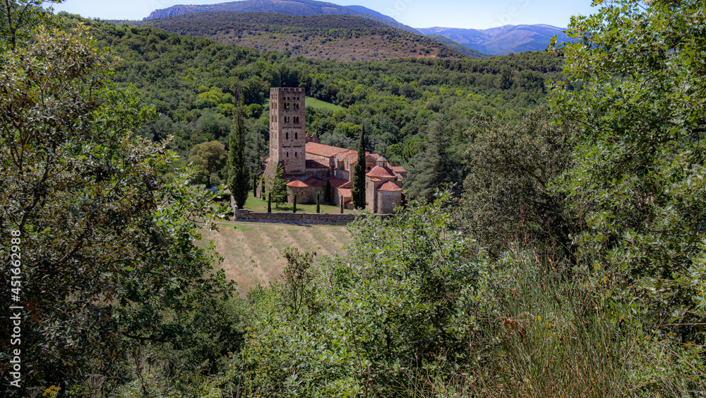 Exterior view of the Abbey of St Michel de Cuxa in the countryside
