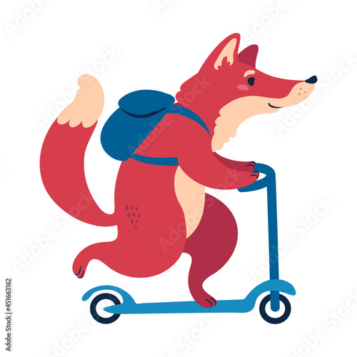 A fox on kick scooter. Cute animal character vector illustration.