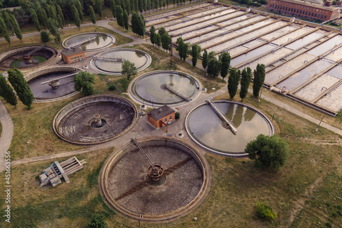 Sewage treatment plant. Wastewater treatment plant with round clarifiers for recycle dirty sewage water, aerial view