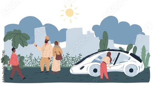 Vector cartoon flat characters-exhibitors,visitors at outdoor car motor show expo conference.Exhibition staff,enthusiasts and guests at auto stand with new model concept car.Web online banner design